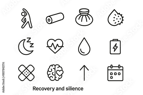 Recovery Icons Set. Recovery and resilience. Line icon set of recovery and resilience: stretching figure, foam roller, ice pack, massage ball, sleep moon,