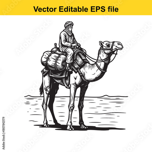 A captivating hand drawn illustration showcases a bedouin riding a camel, traversing the desert landscape, isolated on