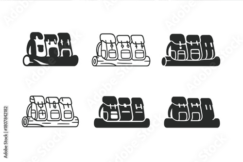 Camping Logo Collection. Group camping adventures. Icon set. Set Logo of group camping adventures: row of backpacks leaning on a log. harmonious logo