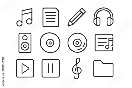 Music Icon Set. Music lovers. Line icon set of music lovers: headphones, heart, music note, vinyl record, speaker, smartphone, microphone, guitar, piano keys,