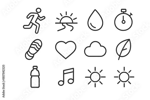 Morning Jog Icons. Morning Jog. Line icon set of Morning Jog: runner, sunrise, path, droplet, stopwatch, shoe print, heart, cloud, leaf, water bottle, music
