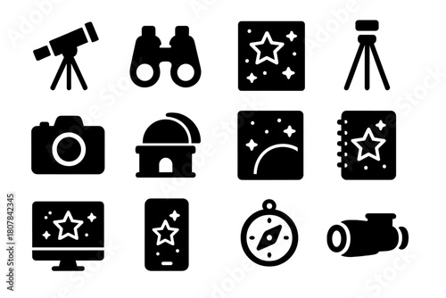 Star Observation Tools. Star observation tools. Solid icon set of Star observation tools: telescope, binoculars, star map, tripod, camera, observatory, sky