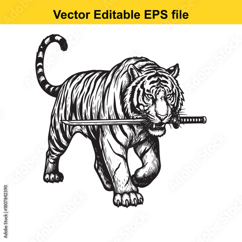 A majestic tiger strides forward, a katana clenched in its jaws, embodying strength and determination isolated on