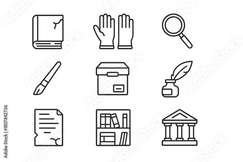 Book Conservation Icons. Book conservation. Line icon set of Book conservation: old book, gloves, magnifying glass, paintbrush, archival box, feather quill,