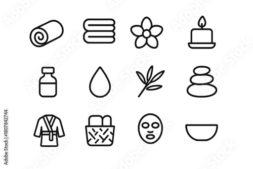 Spa Towel Icons. Spa and wellness towels. Line icon set of spa and wellness towels: rolled towel, towel stack, flower petal, aroma candle, essential oil