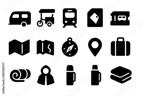 Traveling Buskers Icons. Traveling Buskers. Solid icon set of Traveling Buskers: camper van, bicycle cart, subway train, tram ticket, map, compass, street pin,