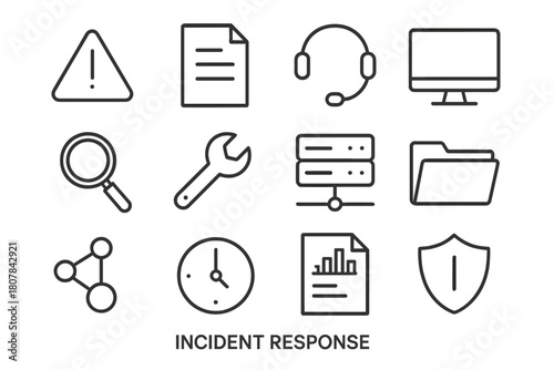 Incident Response Icons. Incident response. Line icon set of incident response: alert triangle, document, headset, computer, magnifying glass, wrench, server,
