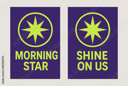 Morning Star Banners. Morning Star. Two vertical A6 banners with safe margins, centered composition, no elements touching edges, geometric, royal purple and