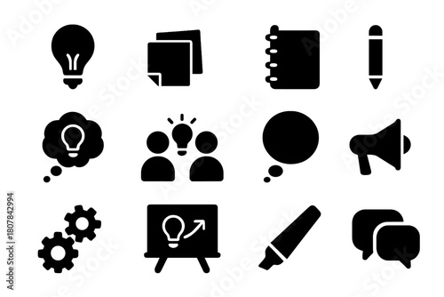 Creative Icon Grid. Creative Thinking. Solid icon set of Creative Thinking: light bulb, sticky notes, notebook, pencil, idea cloud, people collaboration,