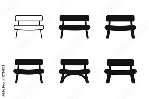 Empty Bench Icons. Empty bench. Icon set. Set Logo of empty bench: bench by lake. harmonious logo variations of the same emblematic concept, each