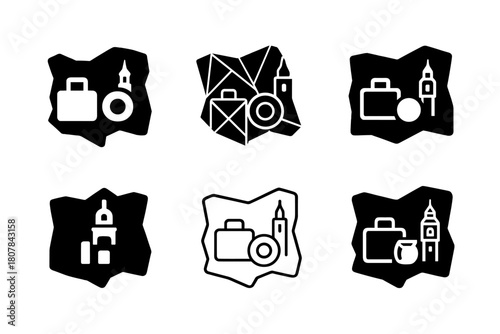 Souvenir Icon Set. Travel souvenirs. Icon set. Set Logo of travel souvenirs: map with keepsakes. harmonious logo variations of the same emblematic concept,