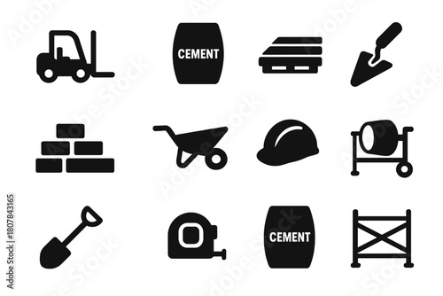 Cement Equipment Icons. Cement Handling. Solid icon set of Cement Handling: forklift, cement bag, pallet, trowel, bricks, wheelbarrow, construction helmet,