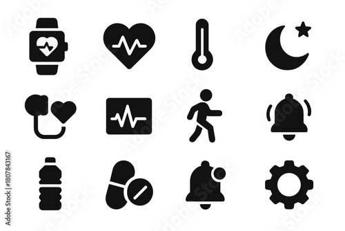 Health Monitoring Icons. Health monitoring. Solid icon set of Health monitoring: thermometer, heart, syringe, pill, medicine bottle, bandage, wound, clock,