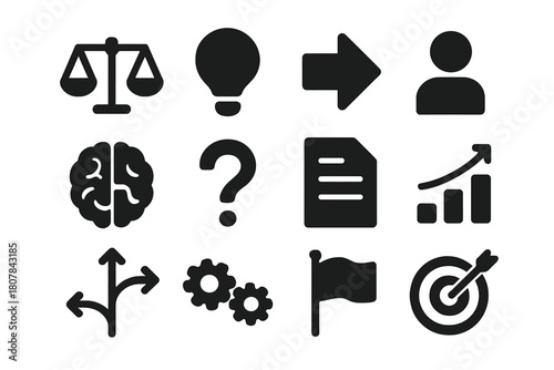 Decision Making Icons. Decision making. Solid icon set of decision making: scale, lightbulb, arrow, person, brain, question mark, document, chart, path, gears,