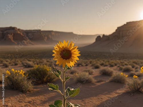 A lone flower stands in the middle of a vast desert. This scene is a symbol of hope and resilience.