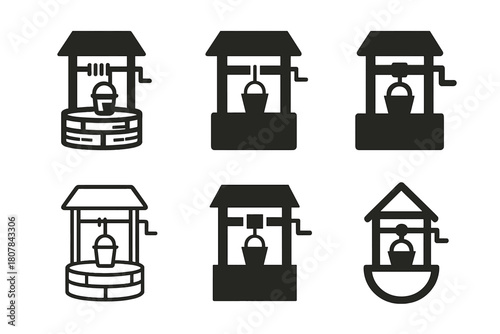 Self-Sufficiency Logos. Self-sufficiency. Icon set. Set Logo of self-sufficiency: water well. harmonious logo variations of the same emblematic concept, each