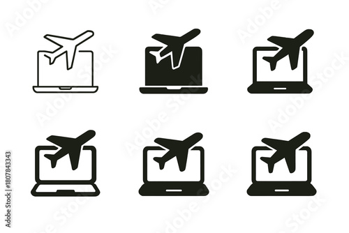 Digital Nomad Icons. Digital nomad lifestyle and travel work. Icon set. Set Logo of Digital nomad lifestyle and travel work: Airplane with laptop. harmonious