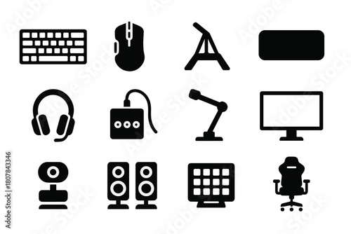 PC Gaming Icons. PC Gaming Peripherals. Solid icon set of PC Gaming Peripherals: mechanical keyboard, gaming mouse, mouse bungee, extended mousepad, headset,