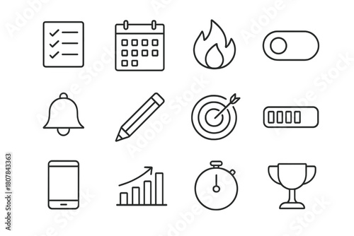 Habit Tracker Icons. Habit tracking. Line icon set of habit tracking: checklist, calendar, flame, toggle switch, bell, pencil, target, progress bar,