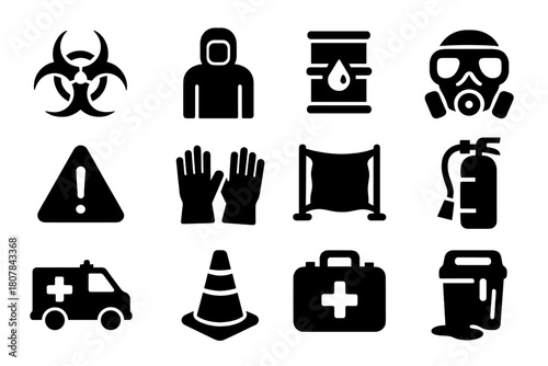 Hazard Safety Icons. Hazard Safety. Solid icon set of Hazard Safety: biohazard symbol, hazmat suit, chemical barrel, gas mask, warning sign, safety gloves,