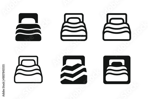 Bedroom Linen Icons. Transforming a bedroom with new linens. Icon set. Set Logo of transforming a bedroom with new linens: layered bedding textures. harmonious