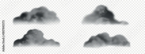 Dark gray realistic clouds. Set of black smoke and fog isolated on white background
