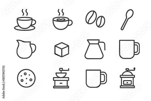 Hot Beverage Icons. Hot beverage. Line icon set of Hot beverage: coffee cup, steam, saucer, latte art, coffee beans, teaspoon, milk jug, sugar cube, coffee