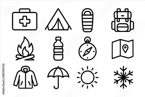 Disaster Survival Icons. Disaster survival. Line icon set of Disaster survival: first aid kit, tent, sleeping bag, backpack, fire, water bottle, compass, map,