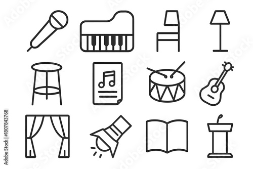 Musical Props Icons. Props for musical. Line icon set of Props for musical: microphone, piano, chair, lamp, stool, music sheet, drum, guitar,