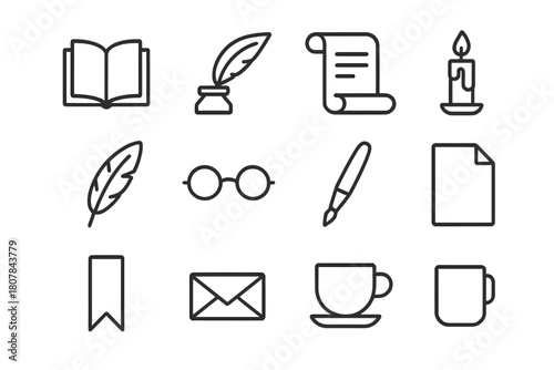 Literature Icon Set. Literature. Line icon set of Literature: open book, quill, inkwell, scroll, candle, feather, glasses, pen, page, bookmark, letter, cup.