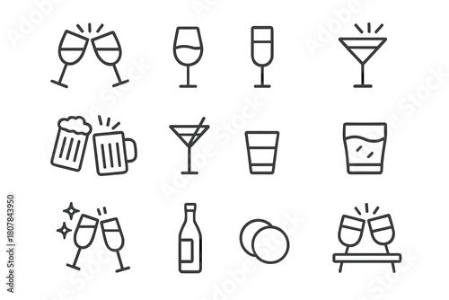 Party Drink Icons. Party clink. Line icon set of party clink: clinking glasses, wine glass, champagne flute, cocktail glass, beer mug, martini glass, shot