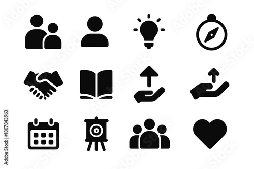 Mentorship Icon Set. Mentorship. Solid icon set of mentorship: person teaching, book, handshake, people group, lightbulb, speech bubble, star, document,