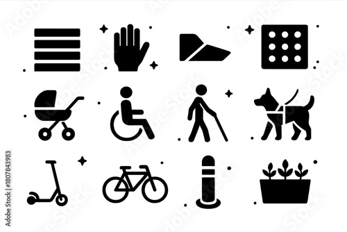 Pedestrian Icon Set. Pedestrian crosswalk and sidewalks. Solid icons set of Pedestrian crosswalk and sidewalks: zebra crosswalk, walk signal hand, curb ramp,