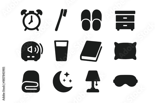 Bedtime Routine Icons. Bedtime routine. Solid icon set of Bedtime routine: alarm clock, toothbrush, slippers, nightstand, sound machine, glass of water, book,