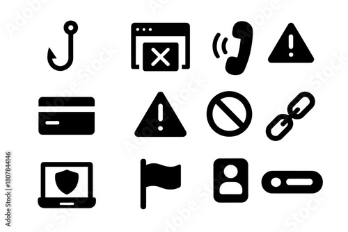 Online Scam Icons. Online scam prevention. Solid icon set of Online scam prevention: phishing hook, fake website, scam call, email alert, credit card icon,