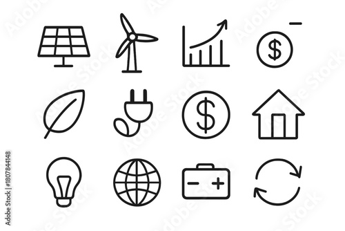Green Energy Icons. Green Energy Market. Line icon set of Green Energy Market: solar panel, wind turbine, graph, leaf, plug, coin, light bulb, globe, house,