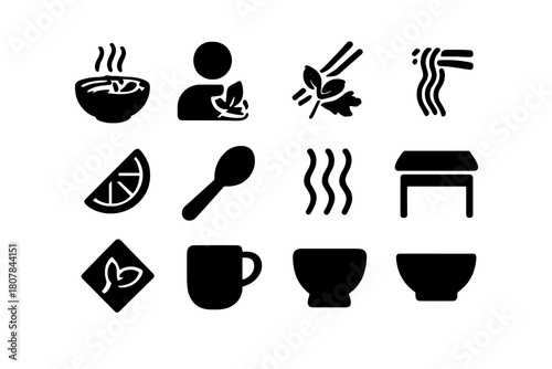 Herb Garnish Icons. Herb Garnish. Solid icon set of Herb Garnish: bowl of pho, person, herbs, chopsticks, noodles, lime wedge, spoon, steam, table, napkin,