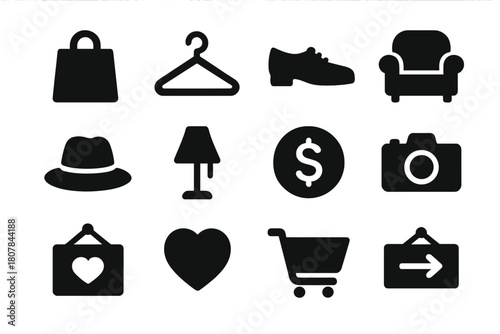 Secondhand Shopping Icons. Secondhand shopping. Solid icon set of secondhand shopping: shopping bag, clothes hanger, shoe, chair, hat, lamp, coin, camera,