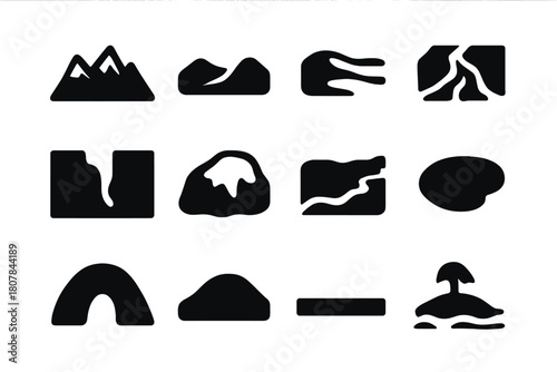 Earth Surface Icon Set. Earth surface features. Solid icon set of Earth surface features: mountain range, valley, desert dune, river delta, canyon, glacier,