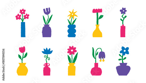 Abstract naive flower plant in vase set. Floral vase with flowers Doodle simple elements for poster design. Simple matisse shape in pots, jugs