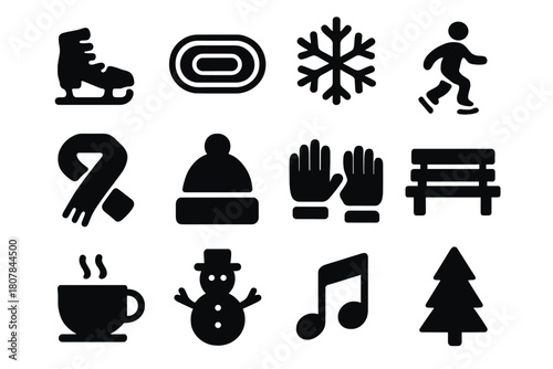 Ice Rink Icons. Ice rink fun. Solid icon set of ice rink fun: skates, ice rink, snowflake, person skating, scarf, hat, gloves, bench, cup, snowman, music note,