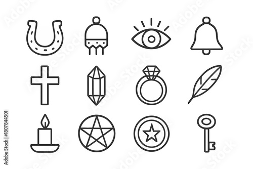 Protection Charms Icons. Protection charms. Line icon set of protection charms: horseshoe, amulet, eye talisman, bell, cross, crystal, ring, feather, candle,