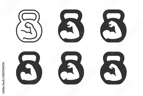 Muscle Logo Variations. Muscle building. Icon set. Set Logo of Muscle building: Kettlebell. harmonious logo variations of the same emblematic concept, each