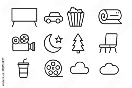 Outdoor Cinema Icons. Outdoor Cinema. Line icon set of Outdoor Cinema: screen, car, popcorn, blanket, projector, moon, star, tree, chair, soda cup, film reel,