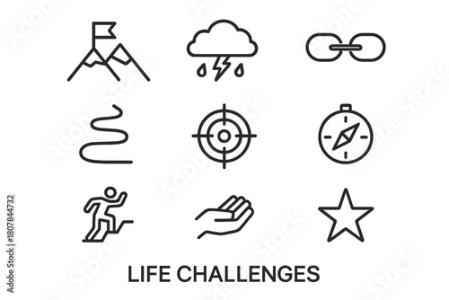 Life's Symbolic Path. Life Challenges. Line icon set of Life Challenges: mountain, flag, storm cloud, chain, path, target, compass, clock, upward arrow, person