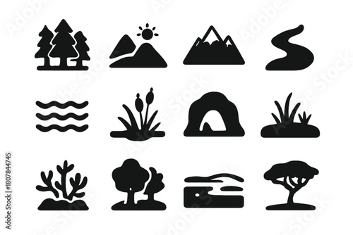 Environmental Zones Icons. Environmental Zones. Solid icon set of Environmental Zones: forest, desert, mountain, river, ocean, wetland, cave, grassland, coral
