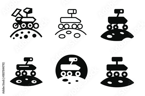 Lunar Exploration Icons. Lunar exploration and moon missions. Icon set. Set Logo of Lunar Exploration: astronaut helmet reflection of the moon. harmonious logo