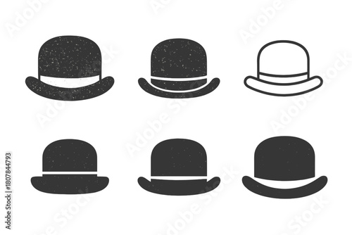 Vintage Hat Logos. Old hat. Icon set. Set Logo of old hat: vintage bowler hat with worn texture. harmonious logo variations of the same emblematic concept,