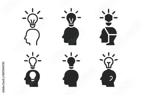 Creative Epiphany Logos. Unexpected epiphany. Icon set. Set Logo of unexpected epiphany: light bulb suddenly igniting above a head silhouette. harmonious logo