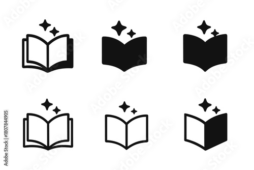 Children's Hobbies Icons. Children's hobbies (reading, cycling, painting). Icon set. Set Logo of children's hobbies: storybook with stars. harmonious logo